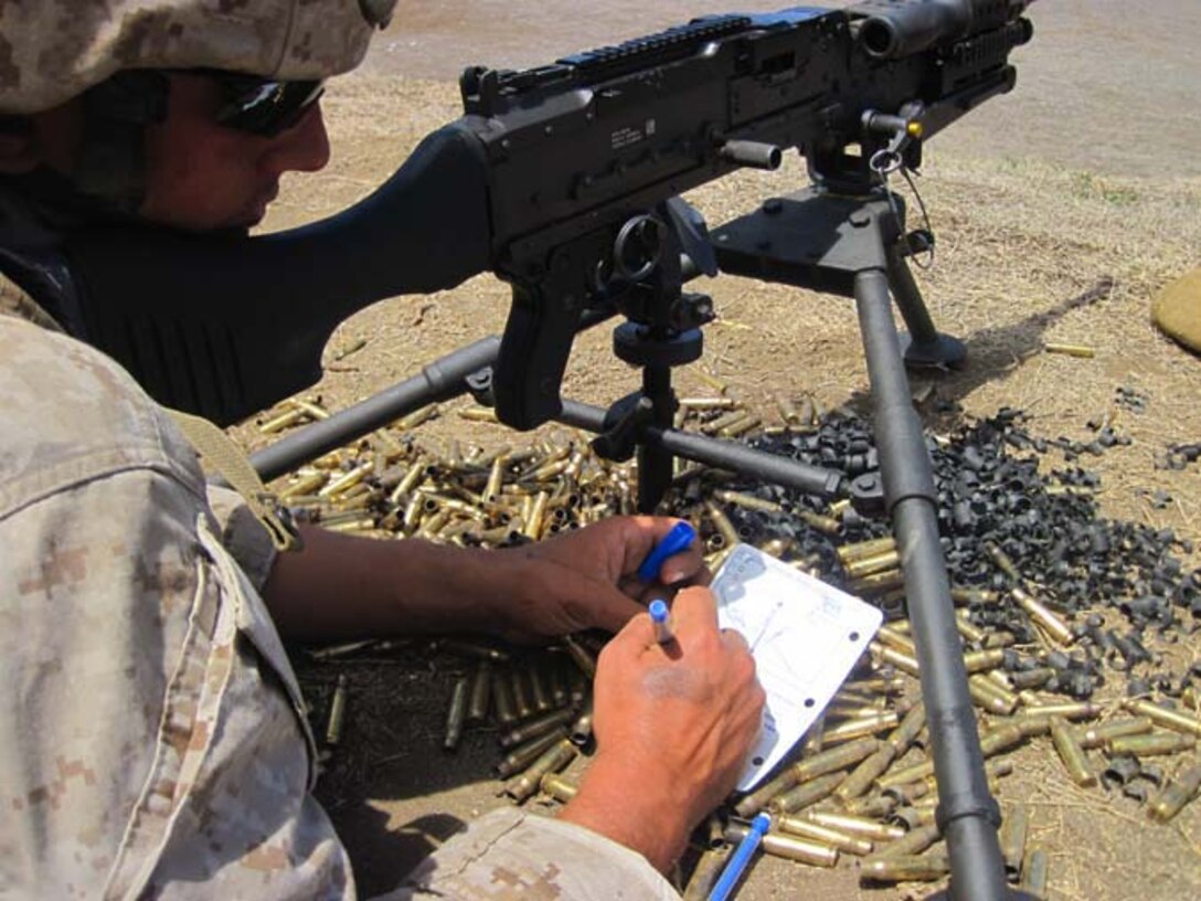 SGT JEFFERY MCDOWELL, SMALL BOAT MECHANIC FOR 3D FORCE RECON CO, MAKES NOTES ON HIS RANGE CARD DURING ANNUAL TRAINING AT MCB KANEOHE BAY, HI
