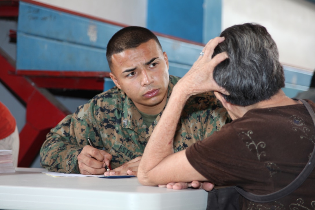 Cpl. Edgar Estrada, native of El Paso, Texas, and radio operator serving as a Spanish translator from Combat Logistics Regiment 25, Logistics Combat Element of Special-Purpose Marine Air-Ground Task Force Continuing Promise 2010, processes a Costa Rican woman for medical treatment in a high school gymnasium in Bribri, Costa Rica, Aug. 23, 2010, during CP10. Marines, sailors and USS Iwo Jima personnel are ported in Limon, Costa Rica, providing medical, dental, veterinary, community relations and engineering services to Costa Ricans as part of the CP10 mission during their deployment to the Caribbean, Central and South America.