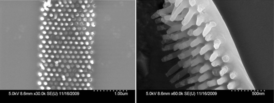 Researchers demonstrated the first-ever nanoimprint-lithography-based fabrication of biopolymer nanostructures.  The nanolithography technology will enable low-cost, portable production of communications and sensing devices.  Pictured are atomic-force microscope images of a nanoimprinted DNA biopolymer; the diameter of each pillar is 70 nm, and the height is >150 nm. (AFRL image)