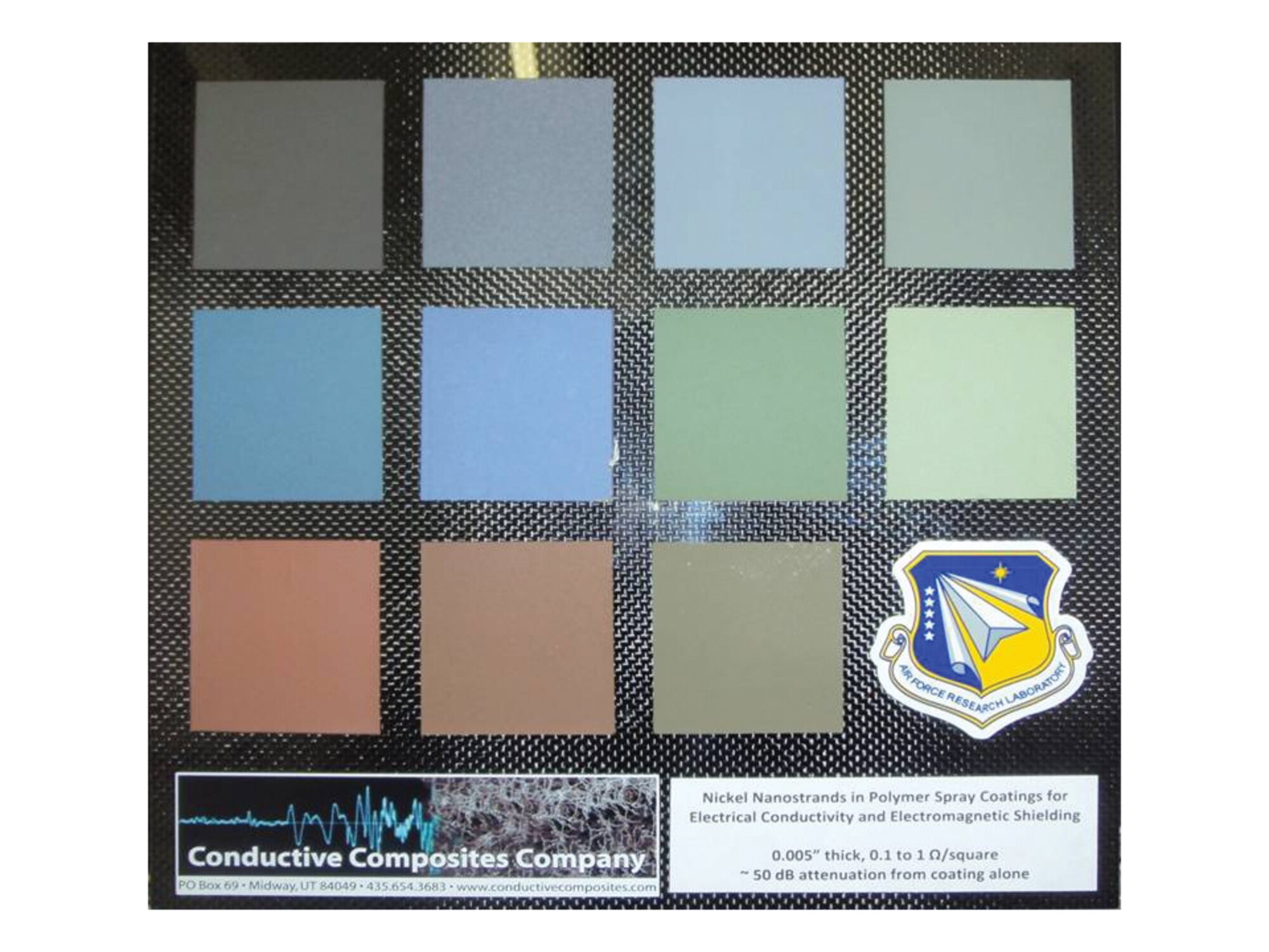 AFRL Small Business Innovation Research contractor Conductive Composites Company used nickel nanostrands technology to create these colored polymer coatings, which are effective for electromagnetic hardening and shielding, as well as camouflage applications. (AFRL image)