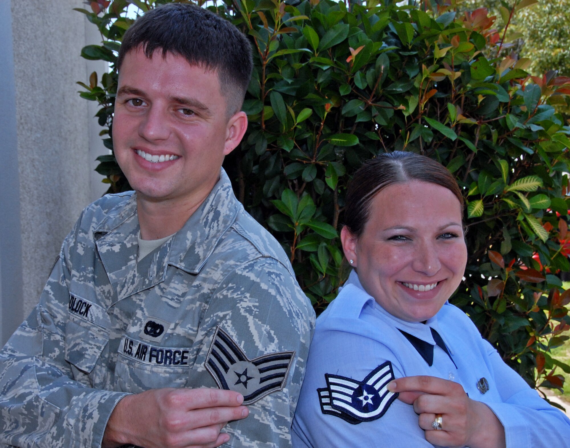 Senior Airmen Ryan and Candice Tadlock were recently selected for promotion to staff sergeant.  The couple has been married for two and a half years.  Ryan works as a vehicle maintenance journeyman with the 96th Logistics Readiness Squadron, and Candice is a career development journeyman with the 96th Force Support Squadron.  They attribute their successful promotion to studying hard and applying yourself.  (U.S. Air Force photo/Samuel King Jr.)