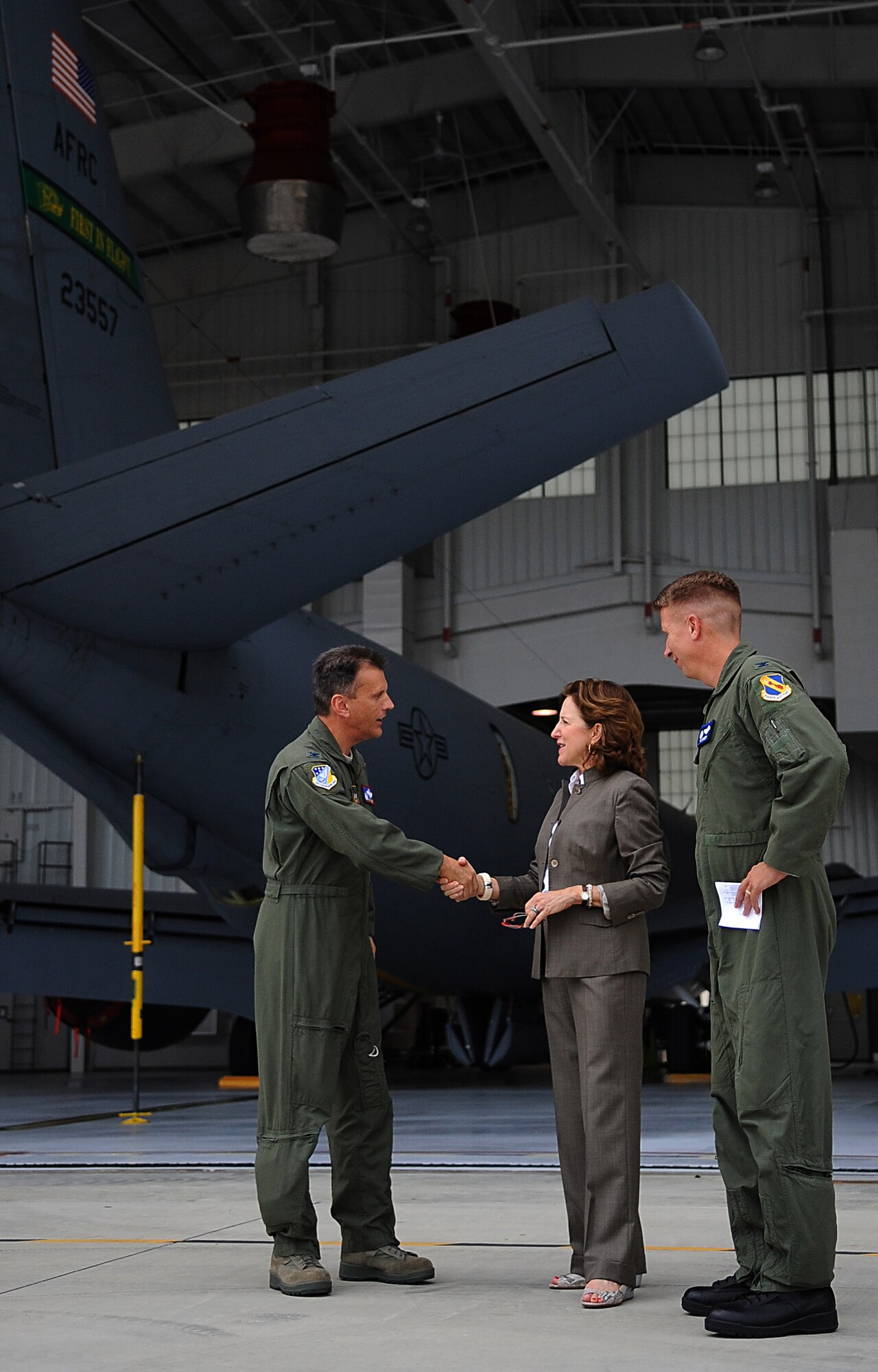 SEYMOUR JOHNSON AIR FORCE BASE, N.C. – Senator Kay Hagan shakes the hand of the 916th Air Refueling Wing Commander, Lt. Col. Randall Ogden Aug. 19, 2010. Senator Hagan met with active-duty and reserve Airmen as part of her first official tour of Seymour Johnson since being elected to the U.S. Senate in 2008. She has also visited bases in Iraq and Afghanistan during her service in the North Carolina Senate. (U.S. Air Force photo/Senior Airman Makenzie Lang)
