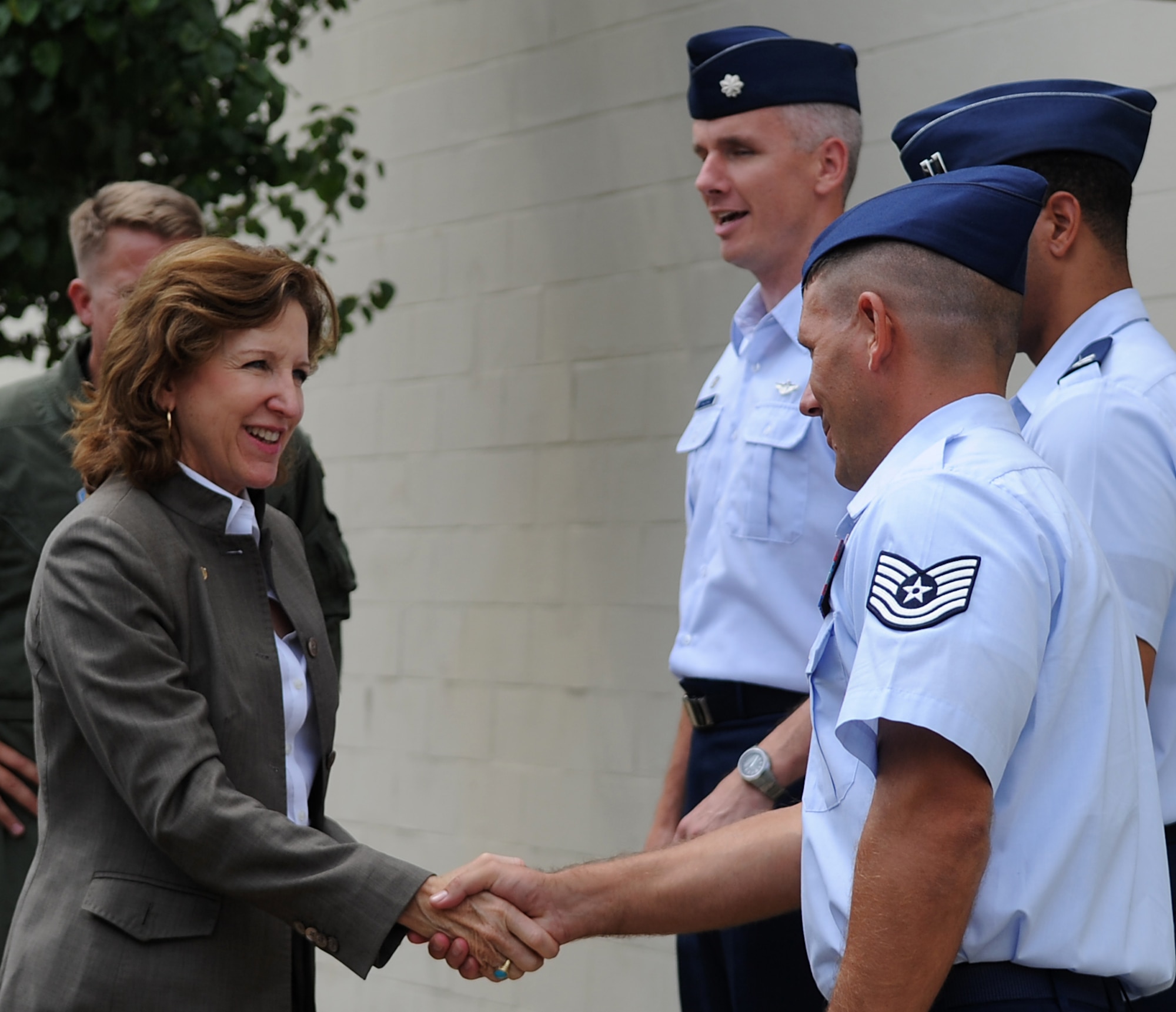 SEYMOUR JOHNSON AIR FORCE BASE, N.C. – Airmen of the 4th Operations Support Squadron greet Senator Kay Hagan in front of the air traffic control tower Aug. 19, 2010. Senator Hagan met with active- duty and reserve Airmen as part of her first official tour of Seymour Johnson since being elected to the U.S. Senate in 2008. Senator Hagan vocalized her support of the military and commitment to maintaining North Carolina’s status as the most military-friendly state in the nation. (U.S. Air Force/Senior Airman Makenzie Lang)

