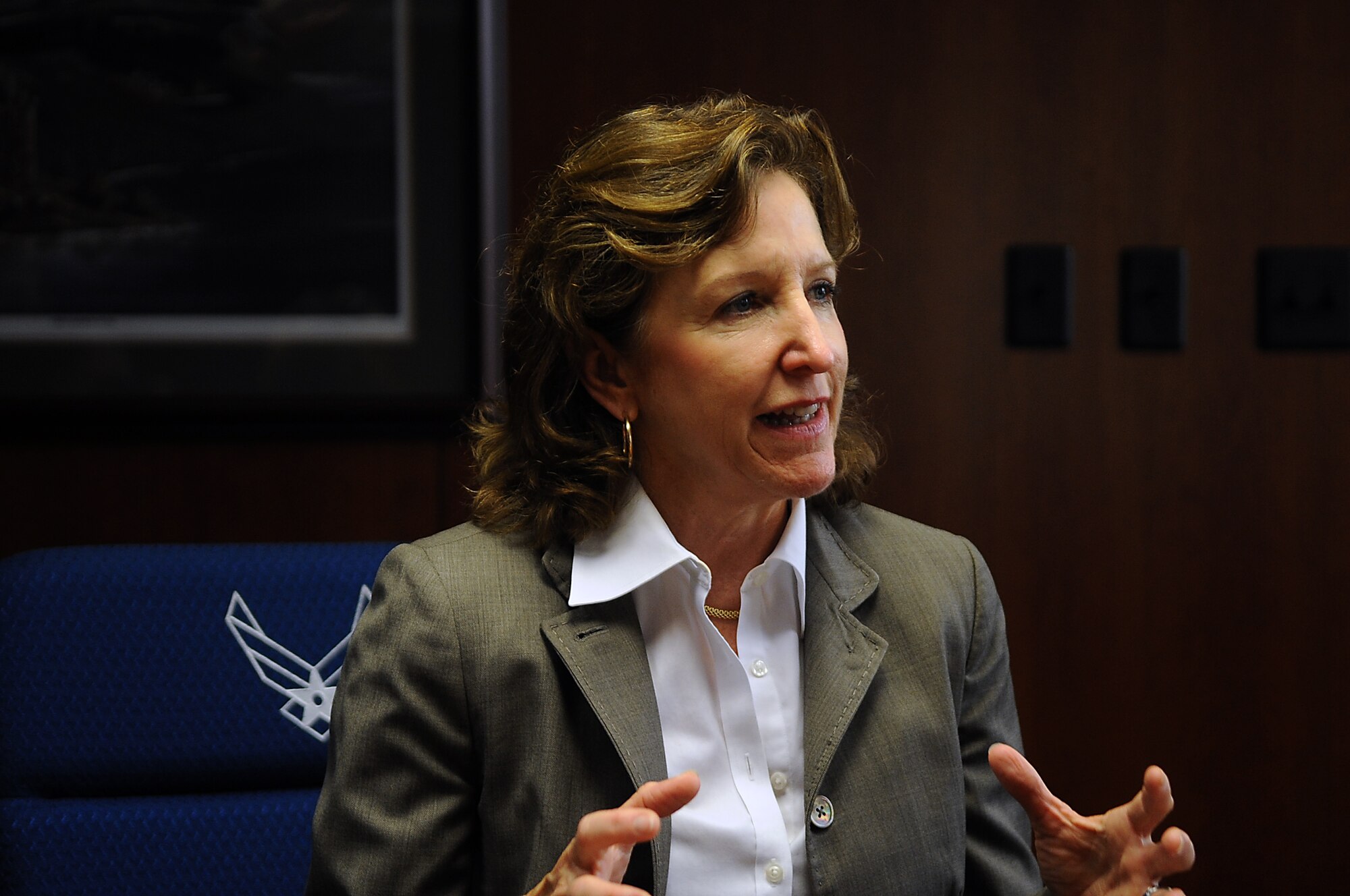 SEYMOUR JOHNSON AIR FORCE BASE, N.C. – Senator Kay Hagan describes her visit to Seymour Johnson during a press conference Aug. 19, 2010. During her tour of the base, Senator Hagan enjoyed an up-close view of a F-15E Strike Eagles departure. Senator Hagan’s nephew is an F-15E Strike Eagle pilot who is currently deployed to Afghanistan. (U.S. Air Force photo/Senior Airman Makenzie Lang)
