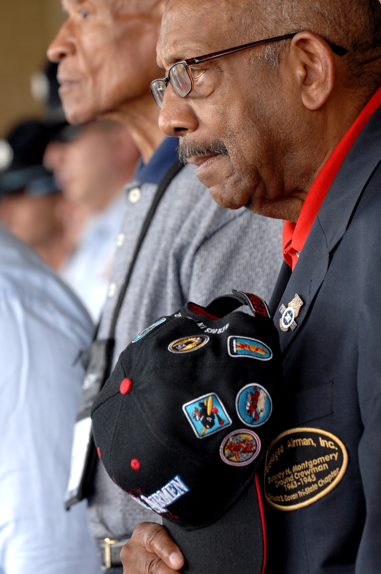 Original Tuskegee Airman Dabney Montgomery places his hat over his heart during the National Anthem at the Tuskegee Airmen, Inc. Convention, San Antonio, Texas.
(U.S. Air Force photo by Staff Sgt. Joseph Araiza)
