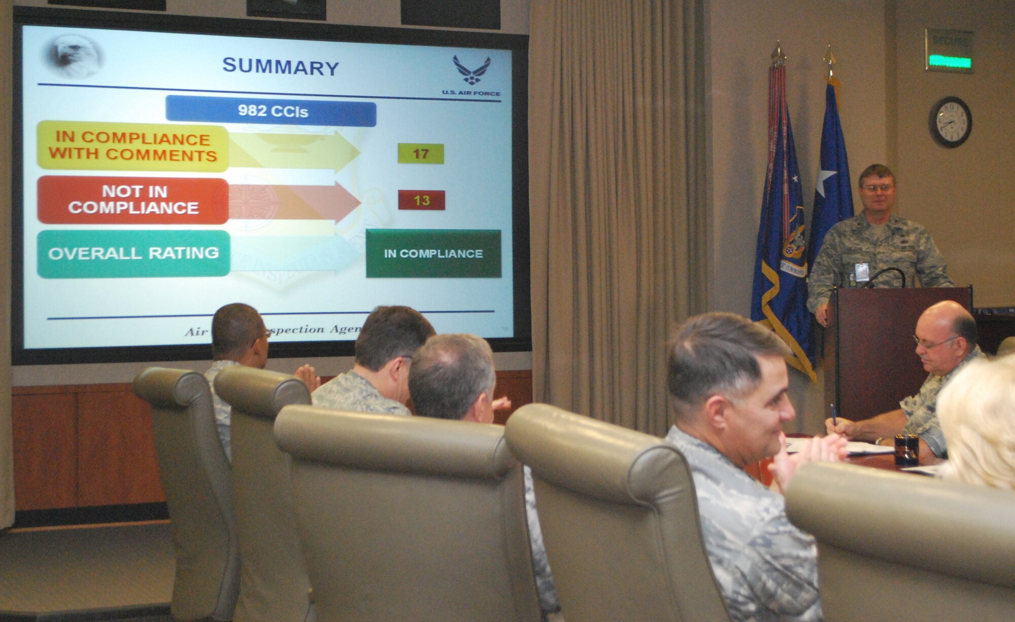 Col. Eric Dillow of the Air Force Inspection Agency briefs members of the Headquarters Air Force Reserve Command staff Aug. 20, 2010, on the final assessment of the agency's unit compliance inspection of the headquarters. The inspectors said the headquarters was "compliant in an outstanding way." (U.S. Air Force photo/Staff Sgt. Celena Wilson) 