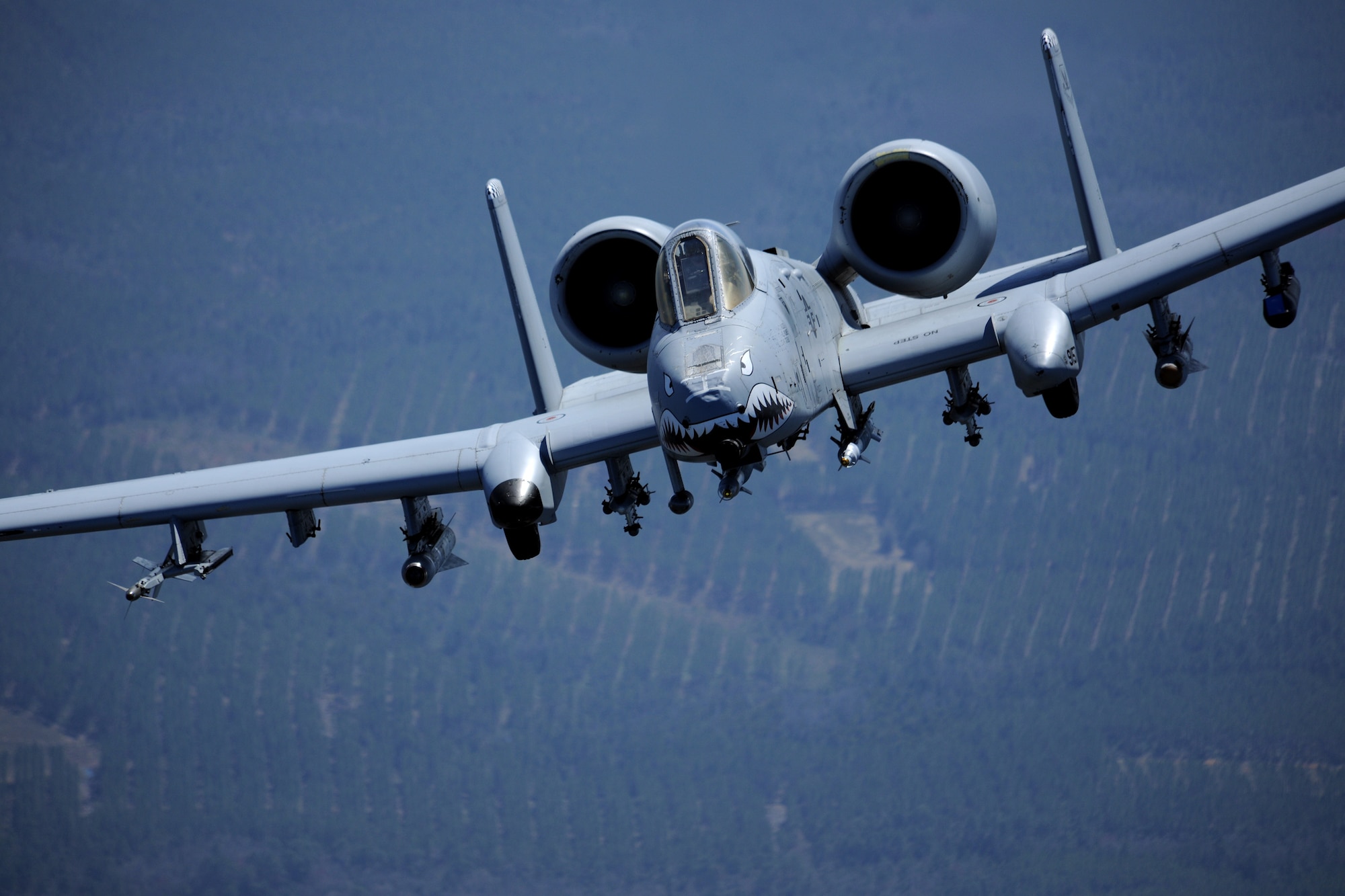 MOODY AIR FORCE BASE, Ga. -- An A-10C Thunderbolt II shows its munitions capability while in-flight during a training exercise here March 16. The moving target at Grand Bay Bombing and Gunnery Range is stationed on a 1,000-foot track and is remotely-controlled. (U.S. Air Force photo/Airman 1st Class Benjamin Wiseman)