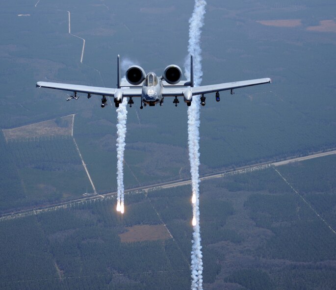MOODY AIR FORCE BASE, Ga. -- An A-10C Thunderbolt II launches flares during a training exercise here March 16. The Grand Bay Bombing and Gunnery Range showcases a new moving target system that allows aircraft to fire at a more realistic object. (U.S. Air Force photo/Airman 1st Class Benjamin Wiseman)