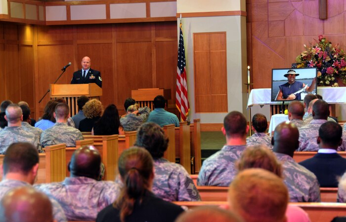 Members of Joint Base Charleston, along with family and friends, gather for a memorial service at the base Chapel on Joint Base Charleston, S.C., Aug. 19, 2010. They gathered together to celebrate the life of Staff Sgt. Joseph Villasenor and cherish the spot he filled while in their lives. Sergeant Villasenor passed away after a motor vehicle accident Aug. 9. Sergeant Villasenor was with the 437th Aircraft Maintenance Squadron. (U.S. Air Force photo/Airman 1st Class Ian Hoachlander)