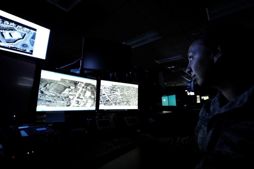 LANGLEY AIR FORCE BASE, Va. -- Senior Airman Julia Richardson, 10th Intelligence Squadron cyber transport technician, analyses computer imagery on the operations floor of one of the Distributed Ground Stations that will undergo a review during Sentinel Focus 10B. (U.S. Air Force illustration/ Senior Airman Dana Hill)