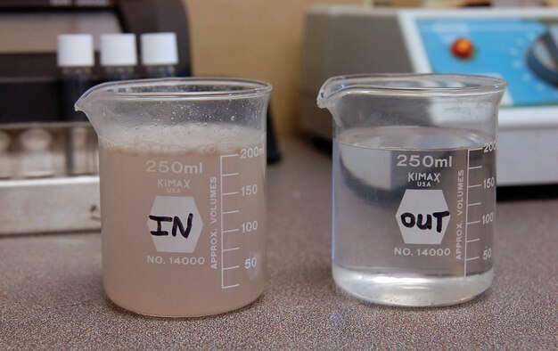 Waste water entering the air-sparged hydrocyclone in the Industrial Waste Water Treatment Plant can be a variety of colors depending on the industrial processes being used most throughout Tinker’s shops. Operators have seen samples range from black to purple or green. But the outgoing water is what matters most. Once cleaned of most of the waste, it is cleaned still further by other processes till it is fed to the Oklahoma City waste water treatment facility for a final process before it is released.
