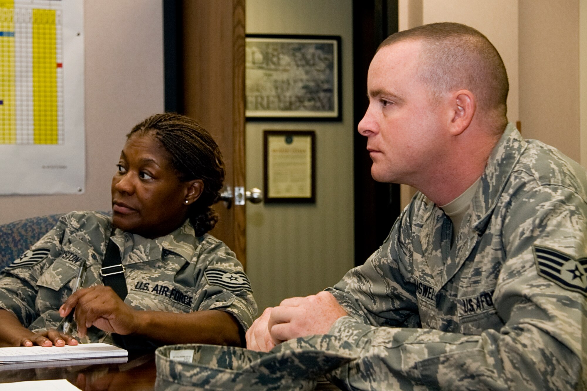 GRISSOM AIR RESERVE BASE, Ind. -- Tech. Sgt. Joyce Royston and Staff Sgt. Rob Haswell listen during a Grissom Rising Six meeting. Sergeant Haswell is the group's president and Sergeant Royston is the vice president. The Rising Six is an organization for Grissom Airmen from the ranks of airman basic through technical sergeant. The mission of the organization is to establish and maintain a spirit of comradeship and esprit de corps that will enhance the prestige of all Airmen, encourage an attitude of unified purpose and set an example for all enlisted personnel according to the standards, traditions and customs of the U.S. Air Force. (U.S. Air Force photo/Tech. Sgt. Mark R. W. Orders-Woempner)