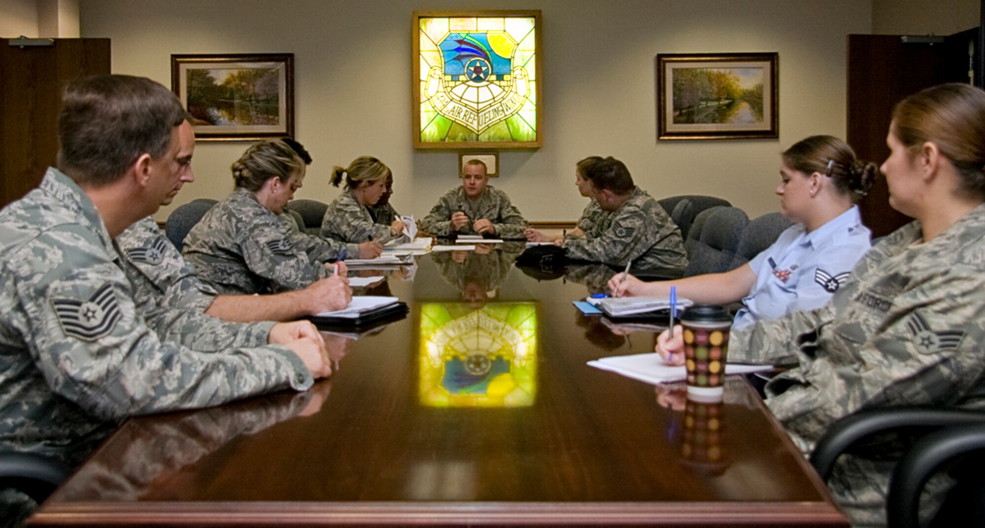 GRISSOM AIR RESERVE BASE, Ind. -- Members of the Grissom Rising Six meet during the August unit training assembly. The Rising Six is an organization for Grissom Airmen from the ranks of airman basic through technical sergeant. The mission of the organization is to establish and maintain a spirit of comradeship and esprit de corps that will enhance the prestige of all Airmen, encourage an attitude of unified purpose and set an example for all enlisted personnel according to the standards, traditions and customs of the U.S. Air Force. (U.S. Air Force photo/Tech. Sgt. Mark R. W. Orders-Woempner)