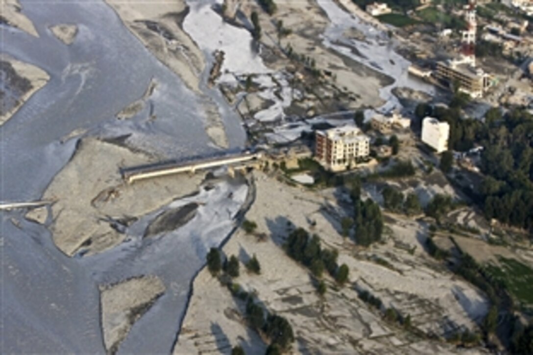 An aerial view from a U.S. Navy MH-53E Sea Dragon helicopter shows extensive flooding in Pakistan's Khyber-Pakhtunkhwa province, Aug. 21, 2010. The helicopter is assigned to Helicopter Mine Countermeasures Squadron 15, which is involved in humanitarian flood relief efforts.