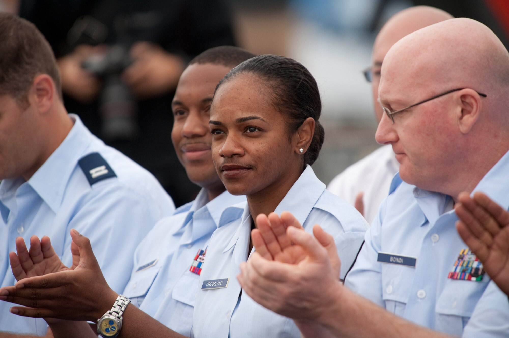 Staff Sgt. Mercedes Crossland is recognized as a hometown hero, during the Air Force Week New York City proclamation ceremony at the Intrepid Sea, Air & Space Museum Aug. 24, 2010, in New York. Sergeant Crossland is a native of Harlem. She is a public affairs specialist from Aviano Air Base, Italy.  (U.S. Air Force photo/Lance Cheung)