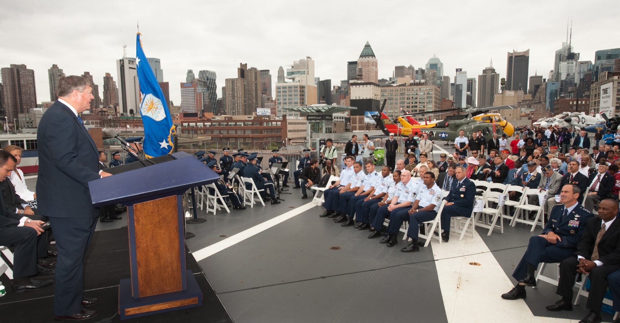 Secretary of the Air Force Michael Donley speaks during the Air Force Week New York City proclamation ceremony at the Intrepid Sea, Air & Space Museum Aug. 24, 2010, in New York. The event was highlighted by a six-ship flyover by the Air Force aerial demonstration team, the Thunderbirds. (U.S. Air Force photo/Lance Cheung)
