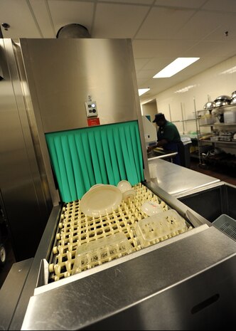 A brand new $70,000 industrial dishwasher was recently installed in the Gaylor Dining Facility, eliminating unexpected meals on paper products and increasing overall customer satisfaction.  (U.S. Air Force photo/Senior Airman Timothy Taylor)