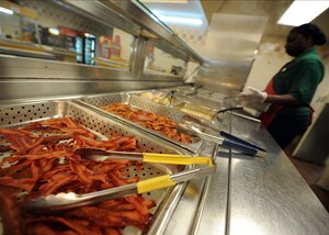The Gaylor Dining Facility is now serving turkey bacon for its breakfast customers, offering a savory, yet more healthy, breakfast meat option. (U.S. Air Force photo/Senior Airman Timothy Taylor)