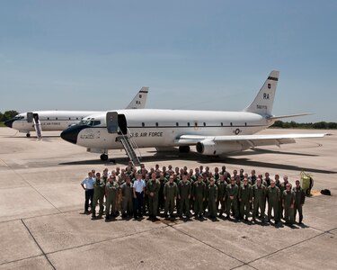 Men and women of the 562nd and 563rd Flying Training Squadrons hose down the T-43 after the final undergraduate combat system officer training sortie at Randolph Air Force Base, Texas.  The T-43 is scheduled to retire Sept. 17 and the 562nd and 563rd FTS are scheduled to be deactivated Nov. 19. (U.S. Air Force photo/Steve Thurow)