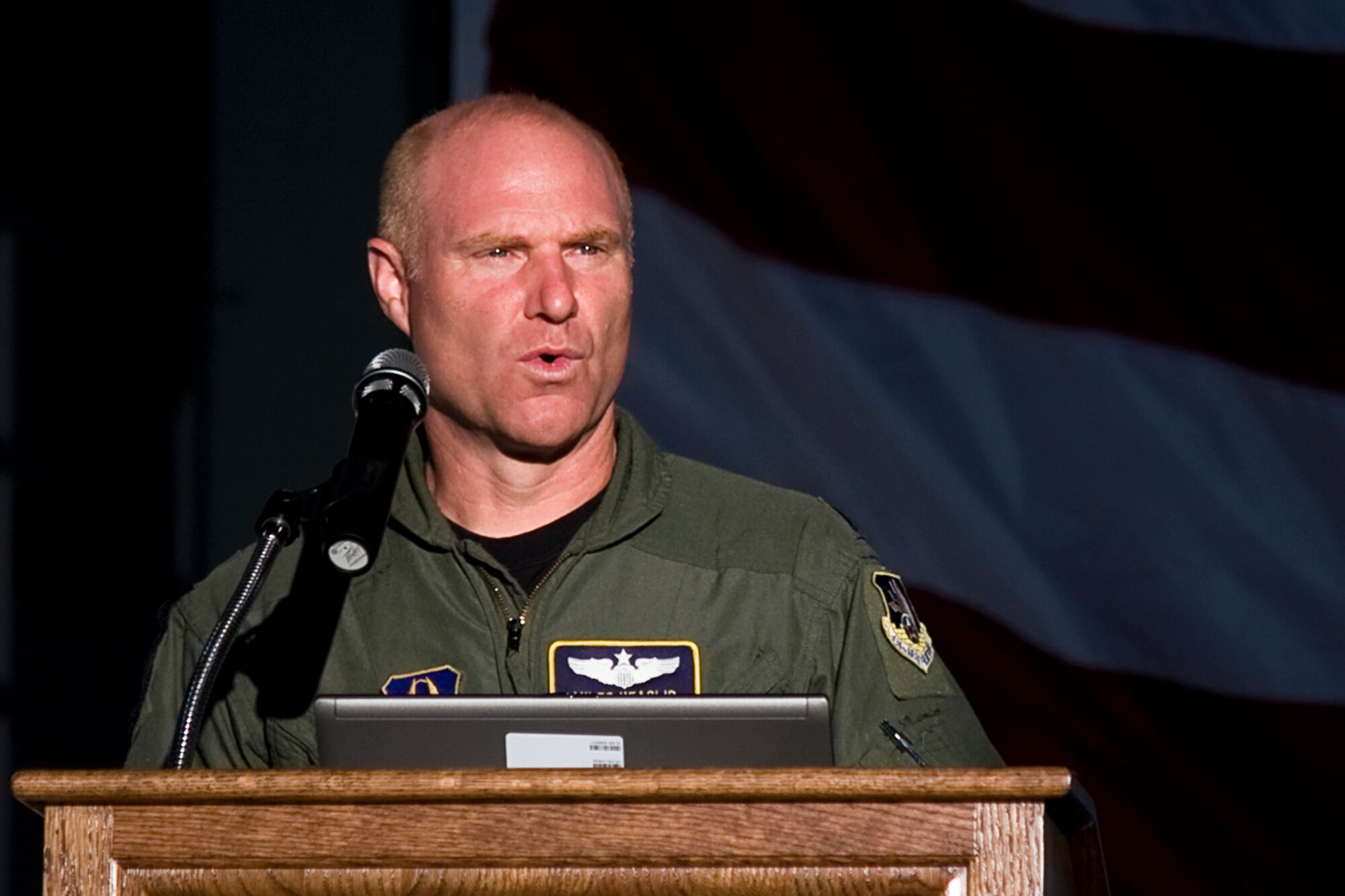 GRISSOM AIR RESERVE BASE, Ind. -- Lt. Col. Miles Heaslip, 434th Air Refueling Wing chief of safety, talks with servicemembers about vehicle safety and awareness during a recent commander's call here. (U.S. Air Force photo/Tech. Sgt. Mark R. W. Orders-Woempner)