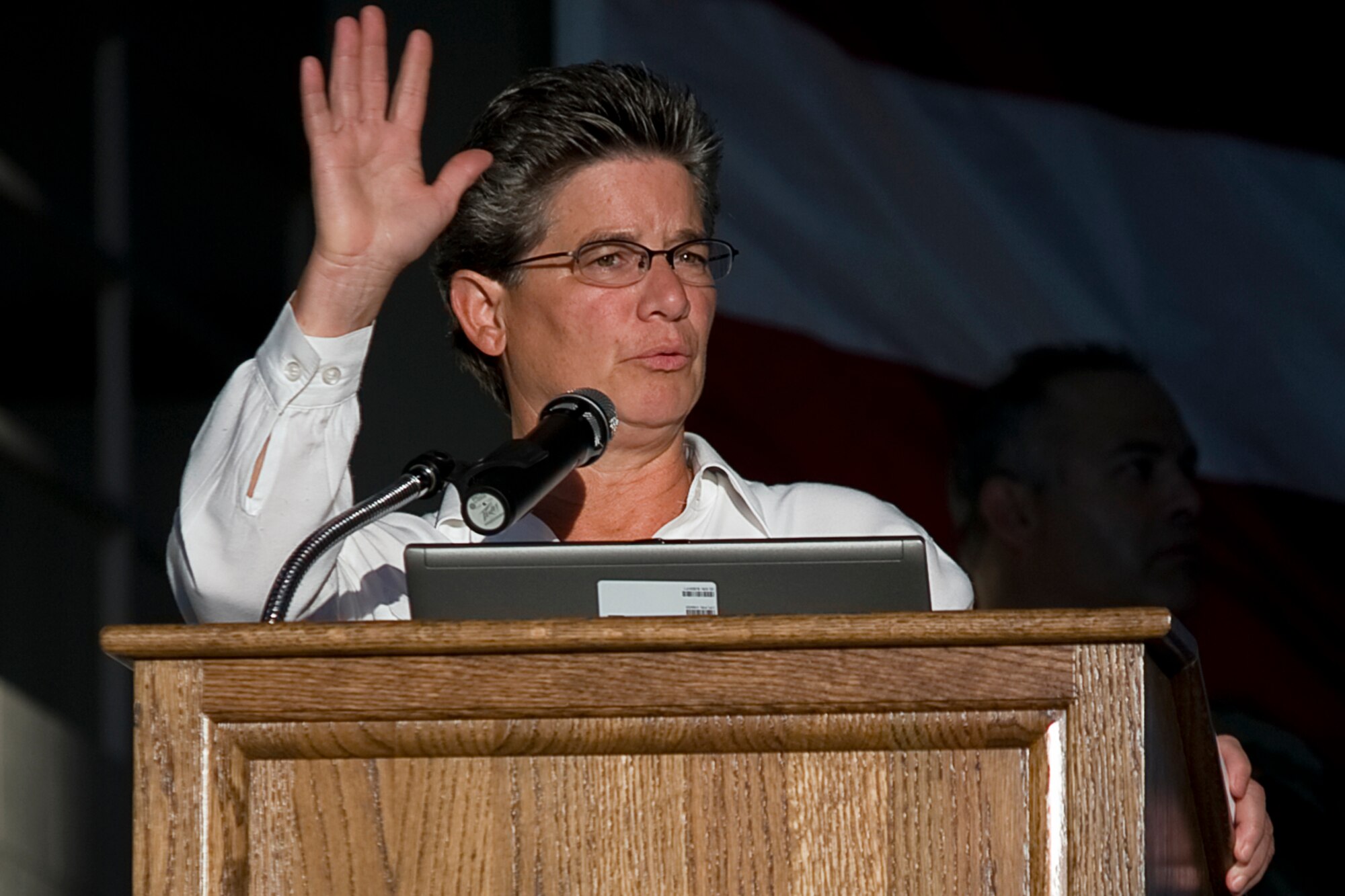 GRISSOM AIR RESERVE BASE, Ind. -- Vickie Butte, 434th Services director, discusses upcoming Grissom events, including a Family Day picnic, during a commander's call held here during the August unit training assembly. Family Day is a special celebration held at Grissom during the September UTA where Airmen can bring their family and enjoy food, music, games and more. (U.S. Air Force photo/Tech. Sgt. Mark R. W. Orders-Woempner)