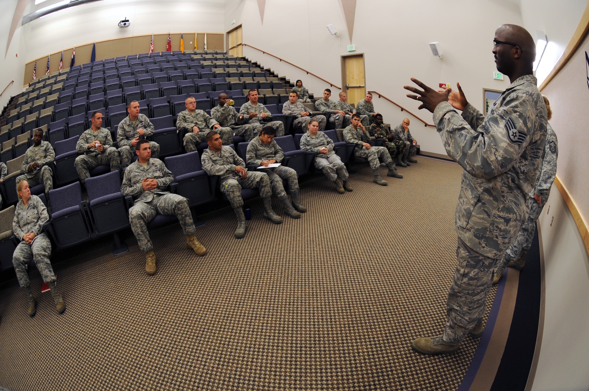 WHITEMAN AIR FORCE BASE, Mo., -- Staff Sgt. Maurice Ingram, 509th Bomb Wing equal opportunity advisor, gives a briefing to the Airman Leadership School students about EO in the Air Force.
(U.S. Air Force photo/Staff Sgt. Jason Huddleston) (Released)

