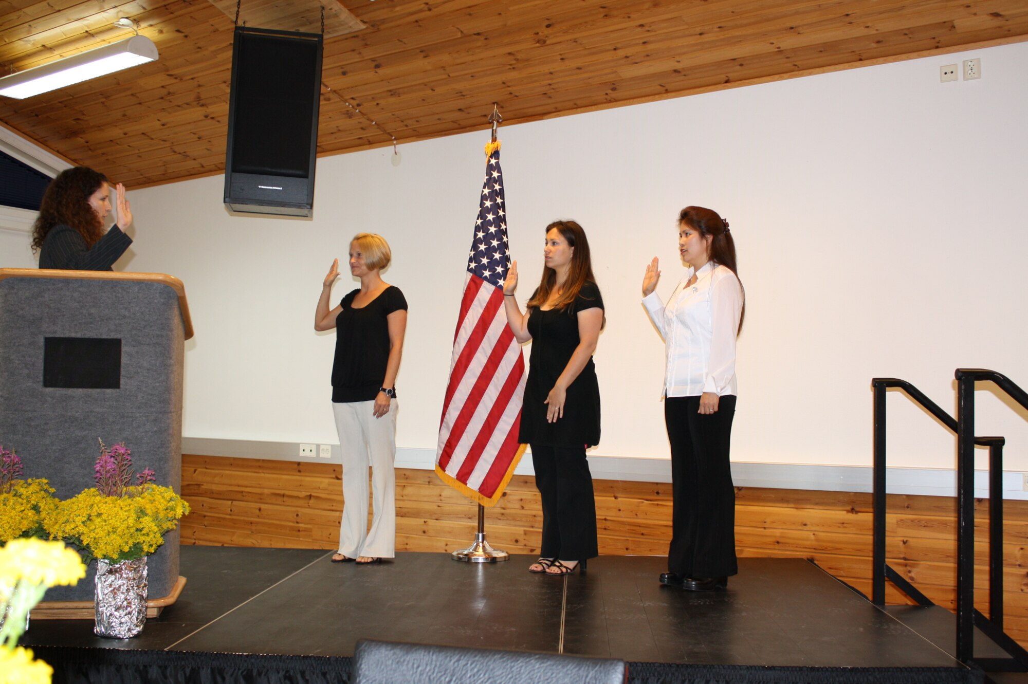 STAVANGER, Norway -  Three US military spouses gained US citizenship Aug. 19 during a naturalization services ceremony. Mrs. Andrea Rodriguez-Sanchez, Mrs. Rowena Jarman, and Mrs. Cornelia Jude are stationed at the NATO Joint Warfare Center and the 426 Air Base Squadron. 
