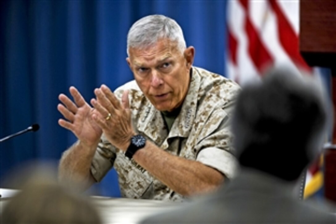 Marine Corps Commandant Gen. James T. Conway holds a press briefing at the Pentagon, Aug. 24, 2010, to talk about his recent trip through the U.S. Central Command's area of responsibility, which includes the Middle East and Southeast Asia.