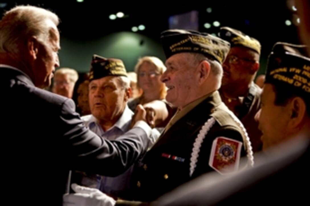 Vice President Joe Biden shakes hands with military veterans after addressing the 111th Veterans of Foreign Wars convention in Indianapolis, Aug. 23, 2010.