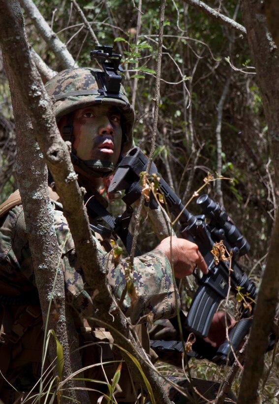 (From left to right) Lance Cpl. Daniel Tribell, Cpl. Alejandro Felix and Sgt. Tom Becerra, students with the Infantry Squad Leader Course, School of Infantry West — Detachment Hawaii, discuss the route of their security patrol during the offensive tactics and techniques portion of the course at Marine Corps Training Area Bellows Aug. 24. “The mission of the Infantry Squad Leader Course is to give Marines the technical and tactical tools to begin leading their squad when they get back to the fleet,” said Staff Sgt. Eric Ciotola, chief instructor, ISLC. “It’s is the best leadership school an infantry Marine can go through.”