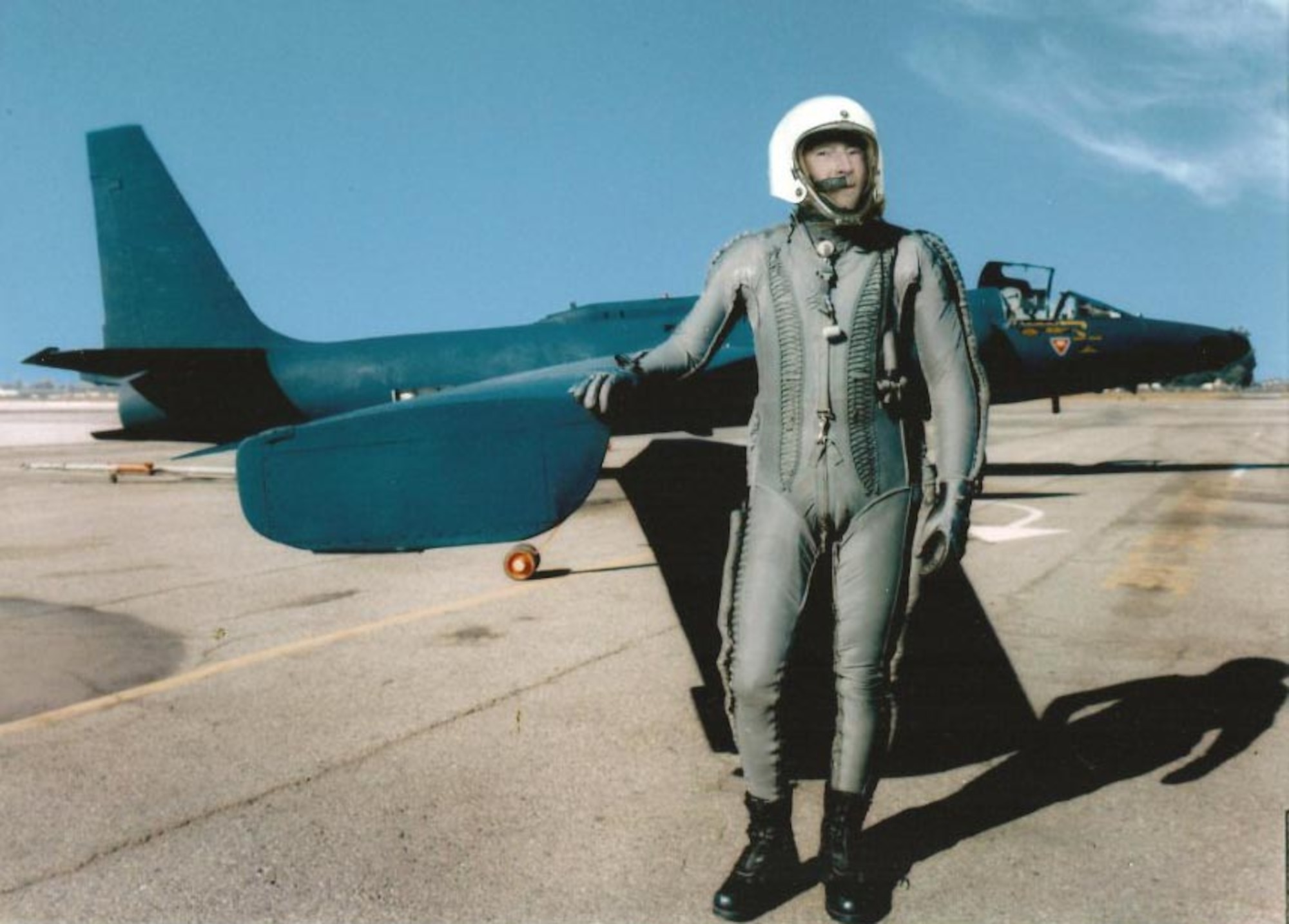 Mr. Tony Bevacqua, a retired lieutenant colonel and former U-2 Dragon Lady pilot, poses next to the wings of one of the original U-2 Aircraft during the late 1950s. Mr. Bevacqua was one of the first U-2 pilots in the Air Force. (Courtesy photo)