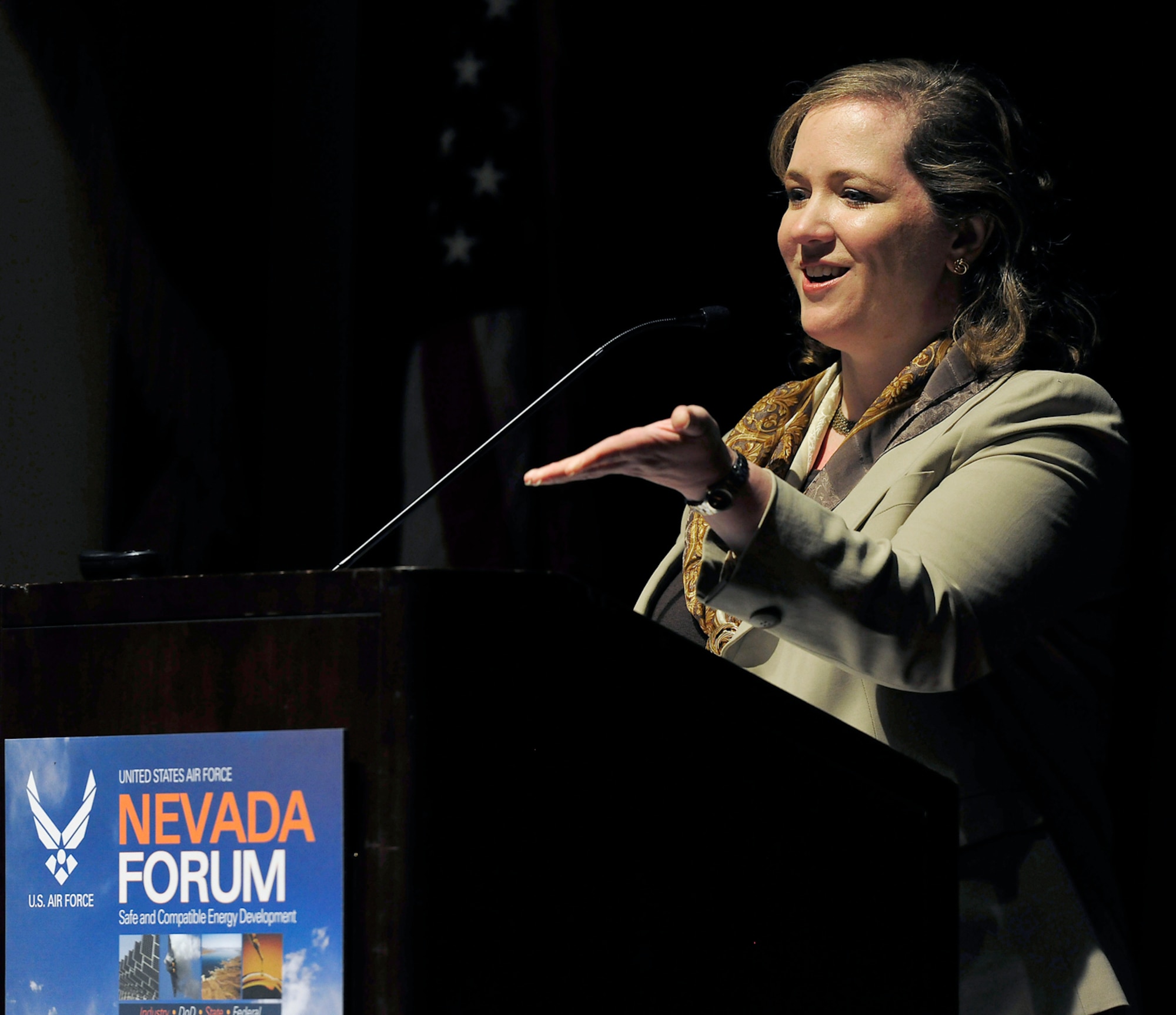 Undersecretary of the Air Force Erin C. Conaton delivers opening remarks at the Nevada Energy Forum, an Air Force-hosted three-day brainstorming to find ways for the service to reduce fossil fuels usage Aug. 24, 2010, in Las Vegas. Ms. Conaton opened the discussion with Terry Yonkers, the assistant secretary of the Air Force for installations, environment and logistics, and Nevada's Lieutenant Governor, Brian Krolicki. (U.S. Air Force photo/Scott M. Ash)