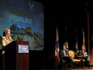 Undersecretary of the Air Force Erin C. Conaton delivers opening remarks at the Nevada Energy Forum, an Air Force-hosted three-day brainstorming to find ways for the service to reduce fossil fuels usage Aug. 24, 2010, in Las Vegas. Ms. Conaton opened the discussion with Terry Yonkers, the assistant secretary of the Air Force for installations, environment and logistics, and Nevada's Lieutenant Governor, Brian Krolicki. (U.S. Air Force photo/Scott M. Ash)