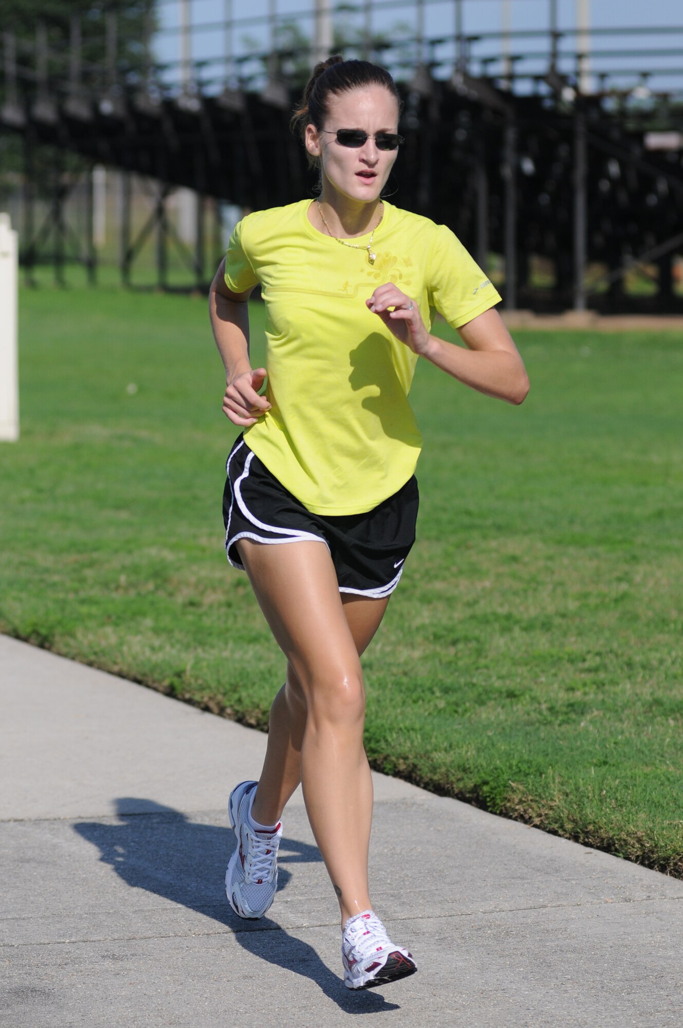 Ashley Desgrange participates in the mini-triathlon's 2-mile run.  She participated in a relay team from the 338th Training Squadron with Derven Mignott and Keith Rosipko.  The team's time was 45:22.  (U.S. Air Force photo by Kemberly Groue)
