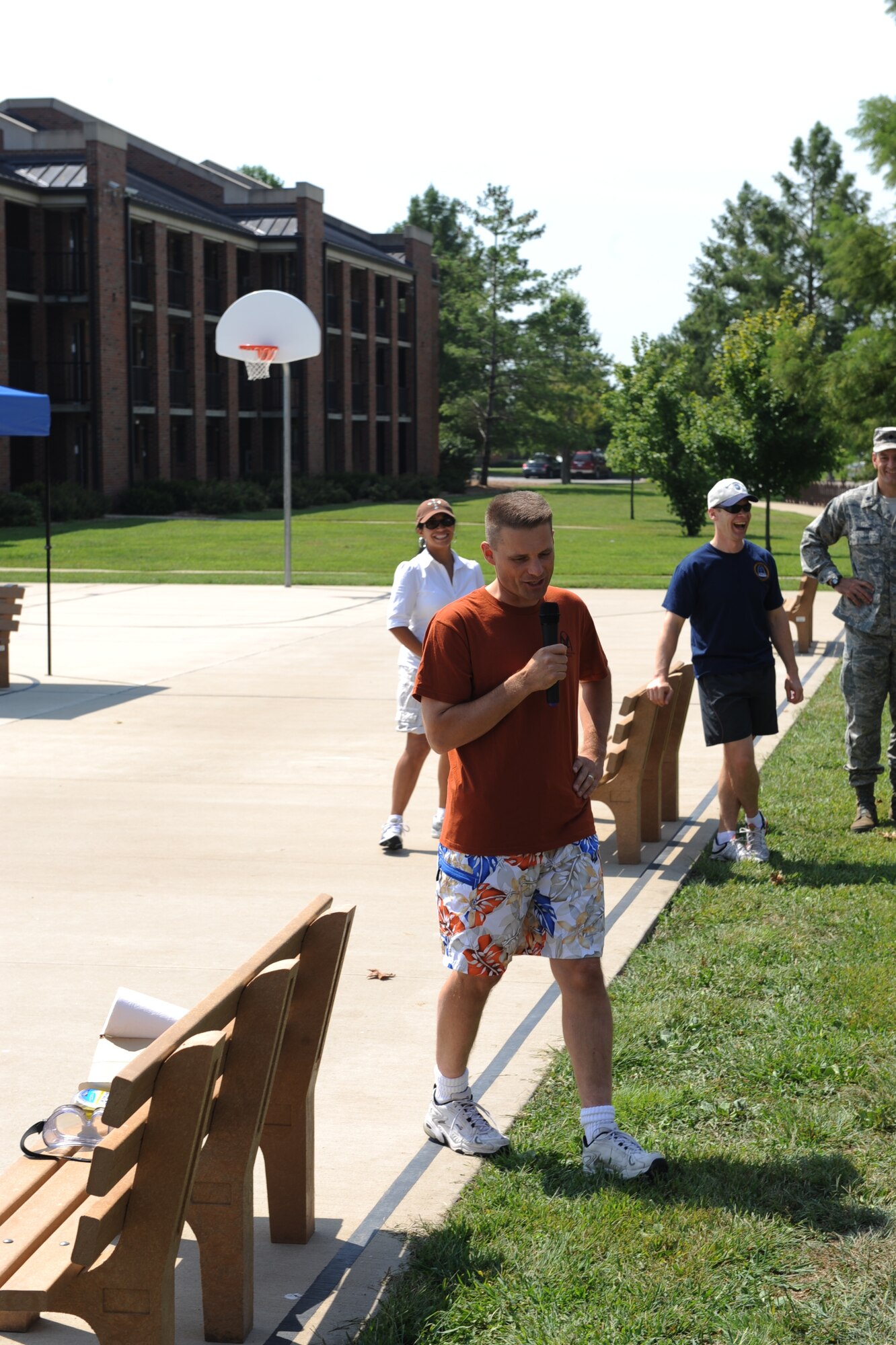 SCOTT AIR FORCE BASE, Ill. -- Col. Michael Hornitschek, 375th Air Mobility Wing commander, says the opening remarks before the Dorm Olympics started Friday. He encouraged the Airmen to have fun because they deserved a break from their hard work. (U.S. Air Force photo/Senior Airman Tristin English)