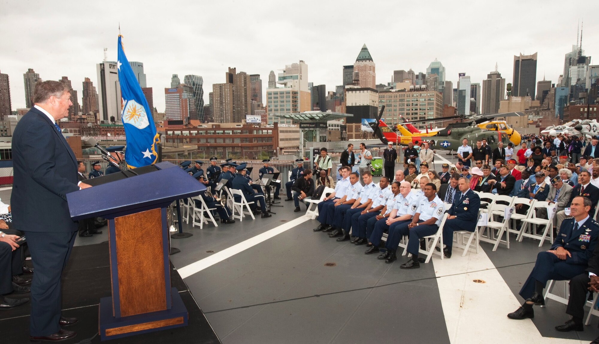 Secretary of the Air Force Michael Donley speaks during the Air Force Week New York City proclamation ceremony at the Intrepid Sea, Air & Space Museum Aug. 24, 2010, in New York. The event was highlighted by a six-ship flyover by the Air Force aerial demonstration team, the Thunderbirds. (U.S. Air Force photo/Lance Cheung) 
