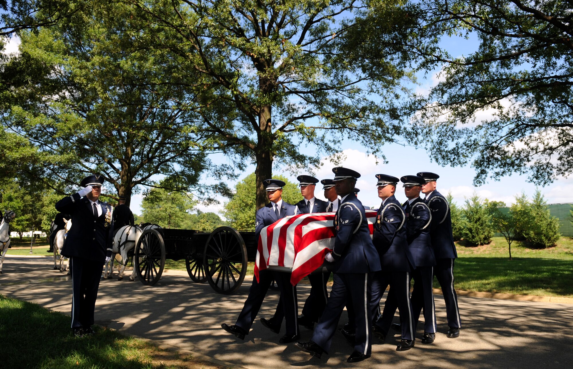 ARLINGTON, Va. -- U.S. Air Force Honor Guard Ceremonial Guardsmen carry Capt. David A. Wisniewski to his burial site at Arlington National Cemetery Aug. 23. Captain Wisniewski was buried in site 60, which is mainly members who lost their lives fighting in Iraq and Afghanistan. (U.S. Air Force photo/Staff Sgt. Gina Chiaverotti-Paige) 