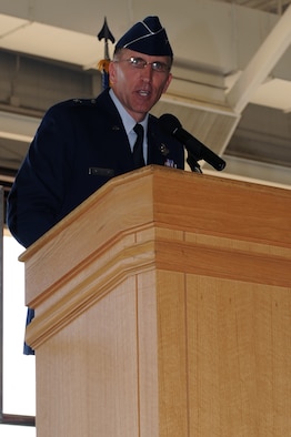 WHITEMAN AIR FORCE BASE, Mo., -- Brig. Gen. Scott Vander Hamm, 509th Bomb Wing commander, addresses the 509th BW and guests in attendance after taking command of the 509th BW here Monday.
(U.S. Air Force photo/Staff Sgt. Jason Huddleston) (Released)

