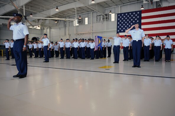 WHITEMAN AIR FORCE BASE, Mo., -- Col. Rickey Rodgers, 509th Bomb Wing vice commander, along with the wing, presents Brig. Gen. Scott Vander Hamm his first salute as the 509th BW commander, at the 509th BW Change of Command here Monday.
(U.S. Air Force photo/Staff Sgt. Jason Huddleston) (Released)

