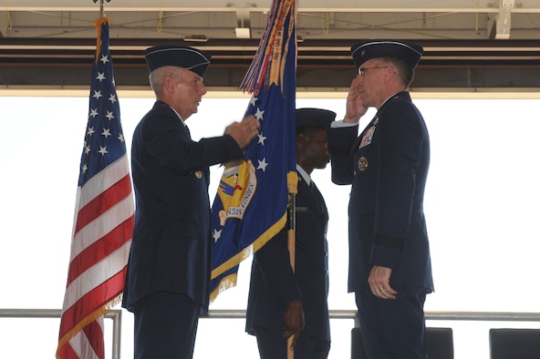 WHITEMAN AIR FORCE, Mo. - WHITEMAN AIR FORCE, Mo. - Brig. Gen Scott Vander Hamm salutes Maj. Gen. Floyd Carpenter, 8th Air Force commander, after the transfer of the 509th Bomb wing guidon from Brig. Gen. Robert Wheeler to Gen Vander Hamm, during the change of command here, Monday. (U.S. Air Force photo by Senior Airman Carlin Leslie)
