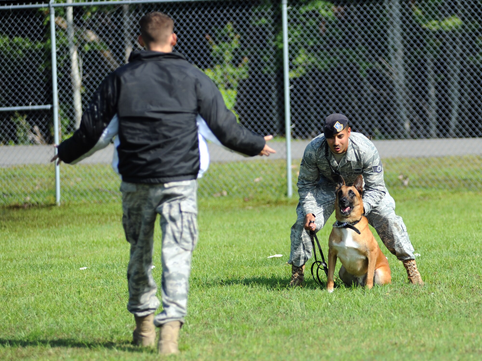 U.S. Air Force Staff Sgt. Fazel Munshi gives his military working dog Arton the command, "watch him", as U.S. Air Force Staff Sgt. Craig Martin plays the role of an uncooperative suspect during a controlled aggression exercise Aug. 20, 2010, on Joint Base Charleston, S.C. MWDs are trained to attack suspects with or without commands from their dog handlers. Sergeant Martin wore a protective jacket to protect himself from the dog's bite as he role-played as a suspect. Sergeants Martin and Munshi are dog handlers with the 628th Security Forces Squadron. (U.S. Air Force photo/Senior Airman Timothy Taylor)