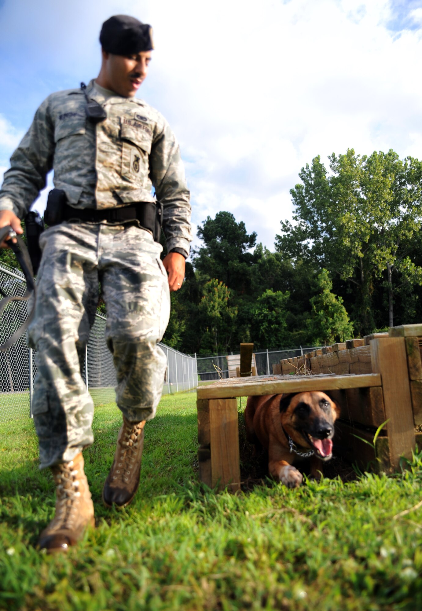 U.S. Air Force Staff Sgt. Munshi coaxes his military working dog Arton to crawl through a tunnel on the obedience obstacle course at the MWD compound Aug. 20, 2010, on Joint Base Charleston, S.C. MWDs are trained to be comfortable navigating through tight spaces, such as culverts, tunnels and other likely obstacles. Sergeant Munshi is a dog handler with the 628th Security Forces Squadron. (U.S. Air Force photo/Senior Airman Timothy Taylor)