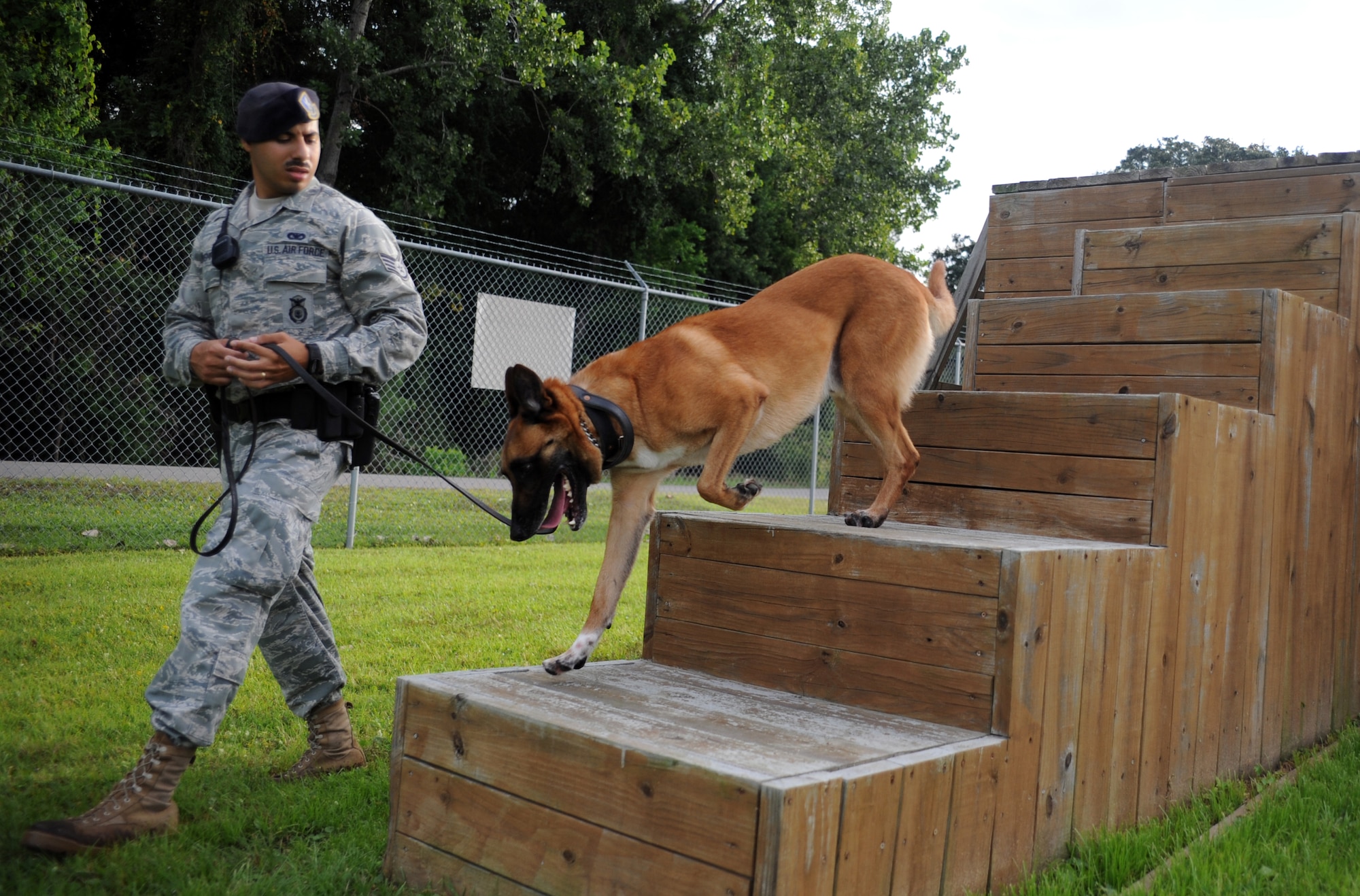 U.S. Air Force Staff Sgt. Munshi and his military working dog Arton run through the obedience obstacle course at the MWD compound Aug. 20, 2010, on Joint Base Charleston, S.C. MWDs are trained to navigate a variety of obstacles they may encounter while on patrol, giving them added flexibility to ensure mission success. Sergeant Munshi is a dog handler with the 628th Security Forces Squadron. (U.S. Air Force photo/Senior Airman Timothy Taylor)