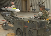 KUNSAN AIR BASE, Republic of Korea -- Weapons load crew members prepare to load an AIM-120 missile to an F-16 here Aug. 25, during exercise Beverly Midnight 10-03.  Members of load crews have to precisely and promptly load missiles for flight generation. (U.S. Air Force photo/Senior Airman Ciara Wymbs)