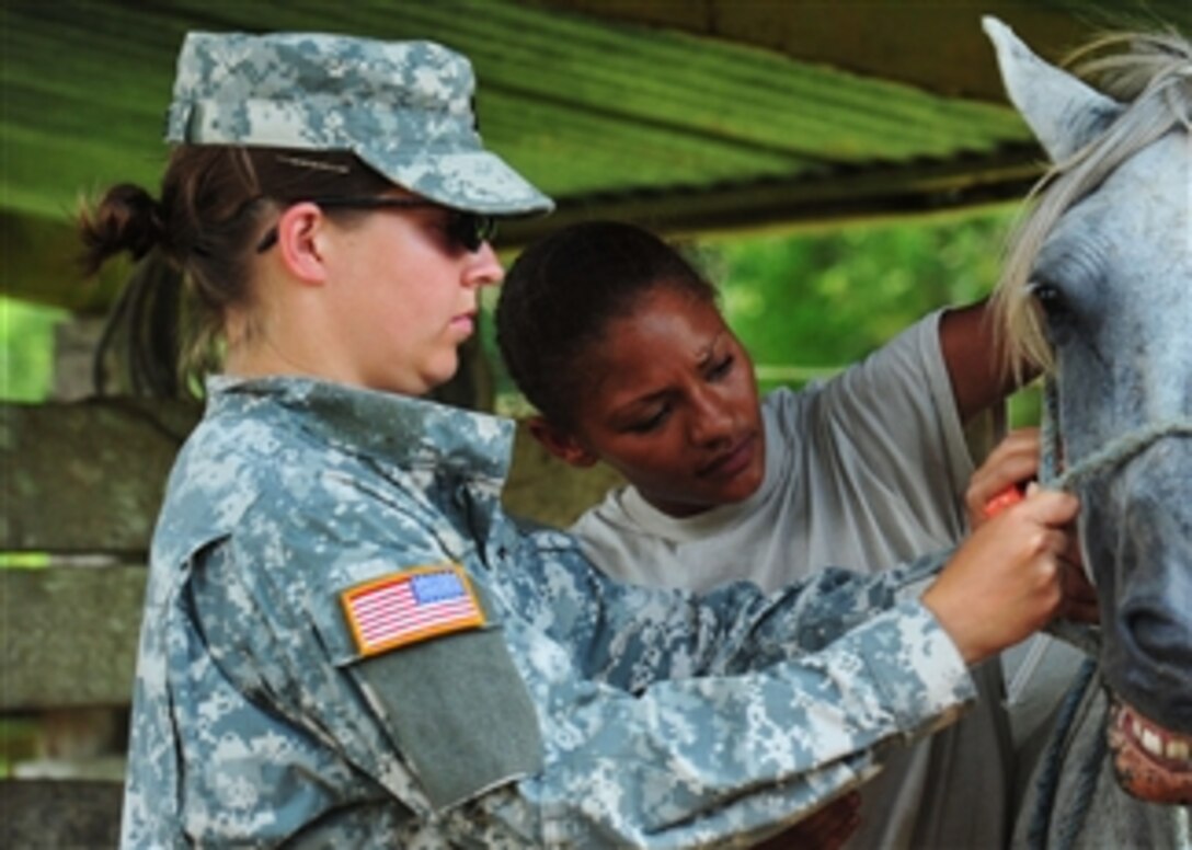 U.S. Army Capt. Rebecca Carden (left) calms a horse as Pfc. Angela McCormick prepares to give it a vaccination during a veterinary visit to a farm in Costa Rica on Aug. 22, 2010.  