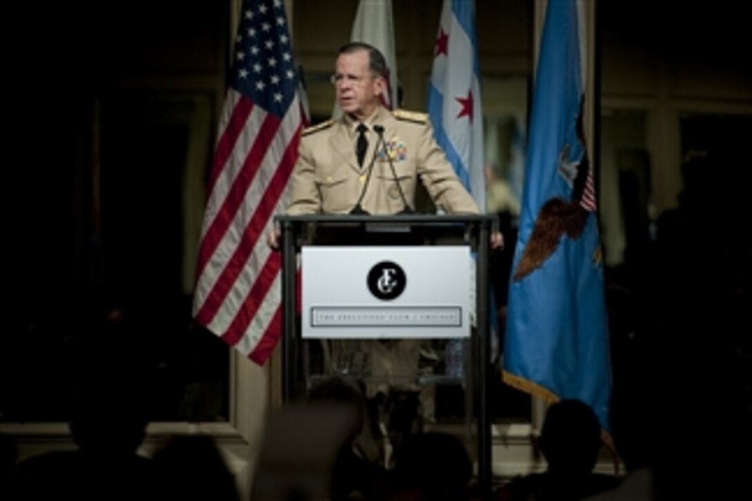 Chairman of the Joint Chiefs of Staff Adm. Mike Mullen, U.S. Navy, addresses the Executives' Club of Chicago at the Fairmont Hotel on Aug. 25, 2010.  Mullen is on a three-day Conversation with the Country tour to the Midwest meeting with local civic and business leaders discussing needs of returning troops, their families, and how community leaders can support them.  