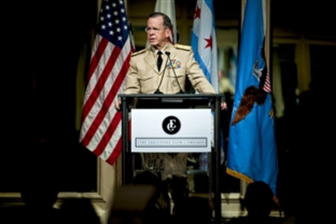 Navy Adm. Mike Mullen, chairman of the Joint Chiefs of Staff, addresses members of the Executives' Club of Chicago at the Fairmont Hotel, Aug. 25, 2010. The Executives' Club is one of the nation's oldest and leading business forums for leadership, education and business practices. Mullen is on a three-day Midwest tour to meet with local civic and business leaders to discuss the needs of returning troops and their families. He calls the tour "Conversations with the Country."