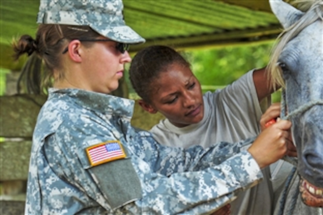 U.S. Army Capt. Rebecca Carden, left, calms a horse as Pfc. Angela McCormick prepares to give it a vaccination during a veterinary visit to a farm in Costa Rica, Aug. 22, 2010.