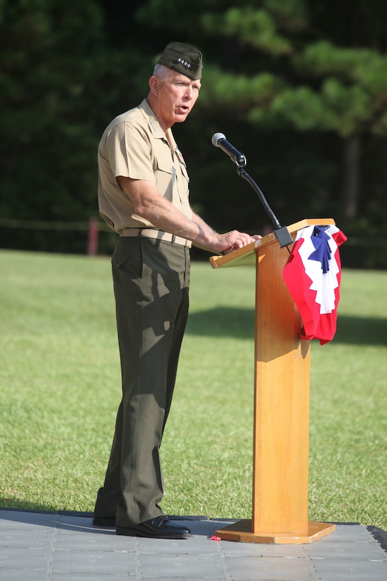 General James T. Conway, commandant of the Marine Corps, delivers a speech to members of the Montford Point Marine Association, Inc., during a ceremony honoring African-American Marines who served in the Marine Corps in the 1940s aboard Montford Point Camp, now Camp Johnson, Aug. 26.  Senate resolution 587 designated Aug. 26, 2010 as Montford Point Marine Day.