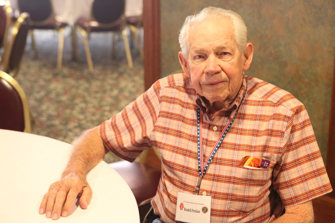 Wendell V. Perkins, a World War II veteran poses for a photo during a reunion of the 2nd Marine Division Association, recently in Reno, Nevada.  Perkins served as a machine gunner for Company A, 1st Battalion, 6th Marine Regiment during the battles on Tarawa and Saipan